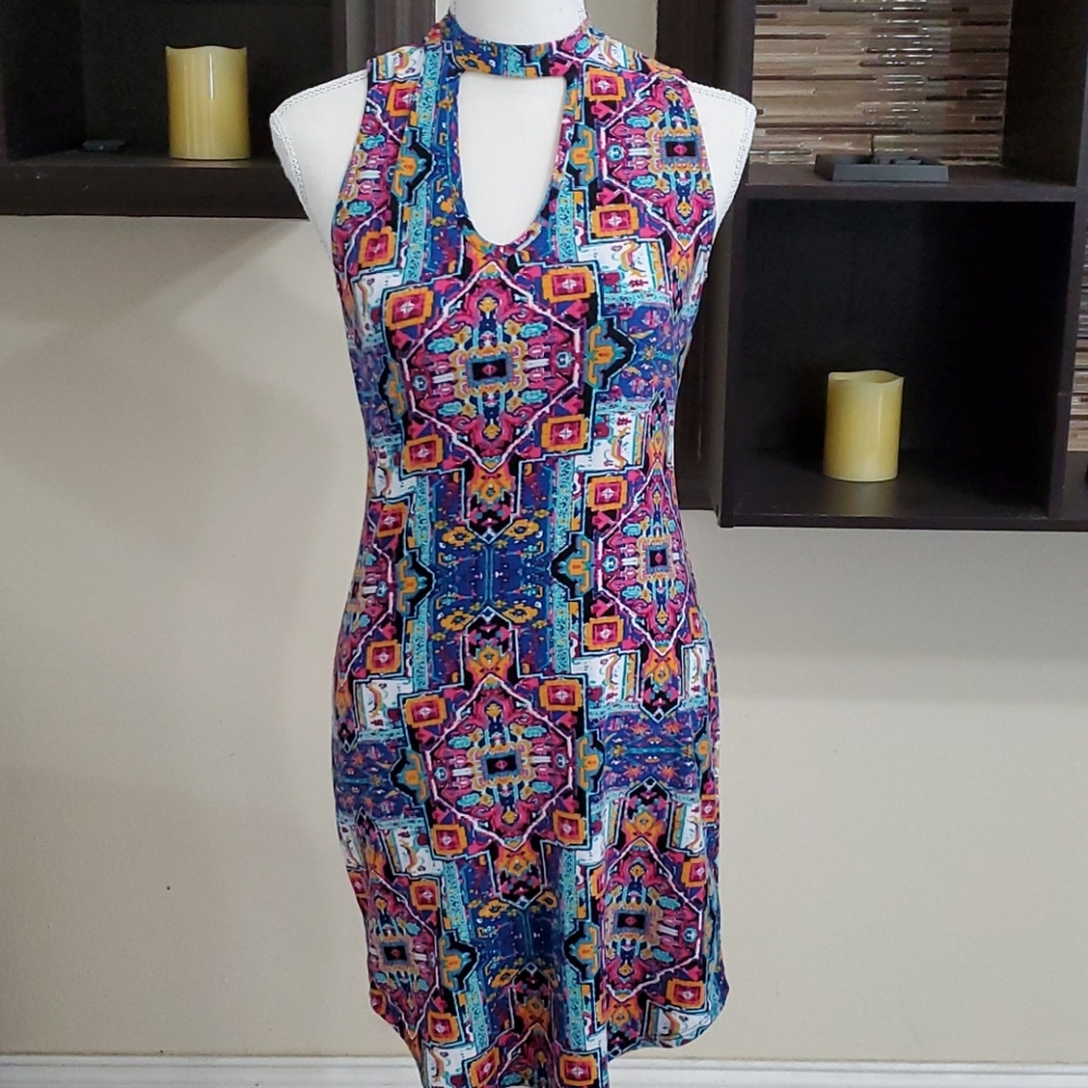 Ultra Flirt Y2K 90s Multicolor Boho Choker Neck Sleeveless Bodycon Mini Dress S